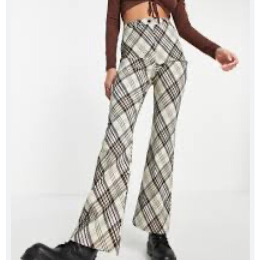 Topshop Petite high waisted bengaline flared pants tan check Stretch US SZ sm